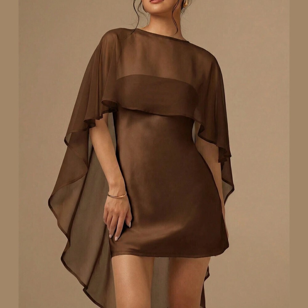 Brown Sheer Chiffon Mini Dress with Draped Cape Sleeve - Picture 2 of 7